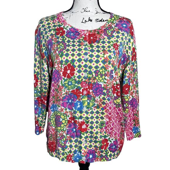 TALBOTS Floral Cardigan Sweater Womens XL Petite Multicolor Button Career Preppy - Picture 1 of 10